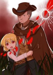 1boy 1girl absurdres alternate_costume ascot black_pants black_skirt black_vest blonde_hair brown_cloak bullet_hole cloak closed_mouth commentary cookie_(touhou) cowboy_hat cowboy_shot cowboy_western english_commentary facial_hair fang goatee grass hat highres looking_at_viewer manatsu_no_yo_no_inmu miura_daisenpai mole mole_under_mouth nadeko_(cookie) open_mouth pants pencil_as_mustache red_ascot red_eyes rumia serious shirt short_hair skirt touhou tsugumi_amon very_short_hair vest white_shirt
