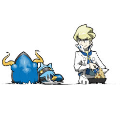 1boy blacknirrow blonde_hair clawitzer closed_mouth cooking creatures_(company) food frying_pan game_freak gen_6_pokemon holding nintendo plate pokemon pokemon_(creature) pokemon_xy shirt short_hair siebold_(pokemon) simple_background smile upper_body white_background white_shirt yellow_eyes
