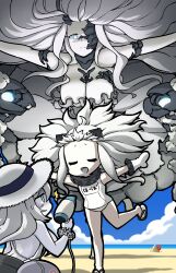 3girls absurdres abyssal_jellyfish_princess abyssal_ship aqua_eyes beach breasts cleavage closed_eyes closed_mouth cloud colored_skin commission day dress enemy_lifebuoy_(kancolle) flat_chest floating_hair grey_hair hair_dryer hamu_koutarou hat highres holding horns kantai_collection large_breasts mittens multiple_girls name_tag new_submarine_princess northern_ocean_princess one-hour_drawing_challenge one_eye_covered open_mouth outdoors outstretched_arms pixiv_commission sand sand_castle sand_sculpture sandals school_swimsuit sky standing standing_on_one_leg sweat swimsuit white_dress white_hair white_mittens white_skin