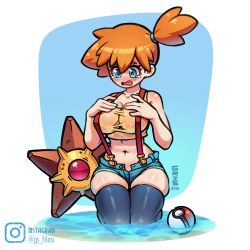 1girl 2019 alternate_breast_size ass bare_shoulders belly black_thighhighs blue_background blue_eyes blush border breasts cleavage creatures_(company) denim denim_shorts eyelashes game_freak gen_1_pokemon gris-9 kneeling large_breasts looking_down midriff misty_(pokemon) navel nintendo nude open_mouth orange_hair poke_ball pokemon pokemon_(anime) pokemon_(classic_anime) see-through_clothes shirt shorts size_difference staryu suspenders tears thick_thighs thighhighs thighs tongue water watermark wet wet_clothes wet_shirt white_border wide_hips
