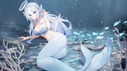 1girl artist_name ass bare_shoulders bikini bikini_top_only blue_bikini blue_eyes blue_hair blue_halo braid breasts bubble chinese_commentary cleavage commentary_request coral crown_braid fins fish hair_ornament hairclip halo hand_up highres large_breasts long_hair looking_at_viewer lying mermaid monster_girl monsterification navel on_side parted_lips roslyn_(tower_of_fantasy) scales seafloor solo swimsuit tower_of_fantasy underwater xnnagu