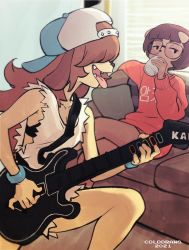 2021 2girls animal_ears artist_name backwards_hat baseball_cap brown_hair colo_(nagrolaz) couch cup dog_ears dog_girl drinking fangs furry furry_female guitar_hero hair_over_eyes hat highres holding holding_cup crossed_legs long_hair multiple_girls original playing_games sam_(colo) short_hair sitting sleeveless teeth tongue tongue_out