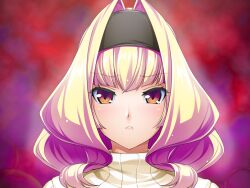 Rule 34 | 1girl, azarin (kouyoku senki exs-tia), black hairband, blonde hair, blush, brown eyes, closed mouth, game cg, hair intakes, hairband, inoino, kouyoku senki exs-tia, large variant set, looking at viewer, medium hair, non-web source, official art, orange eyes, portrait, pout, red background, ribbed sweater, solo, sweater, turtleneck, variant set
