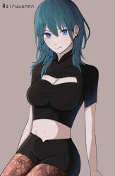 1girl absurdres arururunnnn black_shirt black_shorts blue_eyes blue_hair breasts brown_pantyhose cleavage cleavage_cutout closed_mouth clothing_cutout female_byleth_(fire_emblem) fire_emblem fire_emblem:_three_houses grey_background hair_between_eyes highres large_breasts long_hair looking_at_viewer midriff navel nintendo pantyhose pantyhose_under_shorts shirt short_shorts short_sleeves shorts simple_background sitting sketch smile solo stomach straight_hair twitter_username