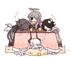 2boys 2girls alela_grora_(funamusea) angel aryll_(marbles) black_hair demon_girl demon_horns etihw_(funamusea) funamusea futon genderswap genderswap_(ftm) genderswap_(mtf) haiiro_teien halo horns kcalb_(funamusea) multiple_boys multiple_girls sleeping wodahs_(funamusea)