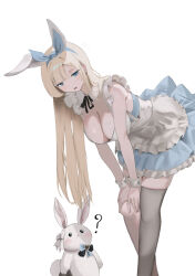 Rule 34 | 1girl, ?, absurdres, apron, bare arms, bent over, black ribbon, black thighhighs, blonde hair, blue dress, blue eyes, blue hairband, blunt bangs, bow, bow hairband, breasts, cleavage, collar, crossed legs, detached collar, dress, feet out of frame, frilled apron, frilled dress, frills, hairband, half-closed eyes, hands on own knee, highres, large breasts, layered dress, leaning forward, long hair, maid, neck ribbon, open mouth, original, parted bangs, pijakk, pleated dress, rabbit, rabbit ears, ribbon, short dress, simple background, single thighhigh, sleeveless, sleeveless dress, solo, standing, straight hair, teeth, thighhighs, two-tone bow, upper teeth only, white apron, white background, white bow, white collar, white wrist cuffs, wrist cuffs