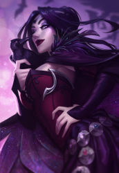 1girl absurdres animal animal_on_shoulder bird bird_on_shoulder breasts cape circlet commentary crow detached_sleeves english_commentary female_focus from_below hand_on_own_hip highres jessica_oyhenart lipstick long_hair makeup mascara medium_breasts morrigan_(mythology) mythology nose purple_eyes purple_hair revision solo underbust witch
