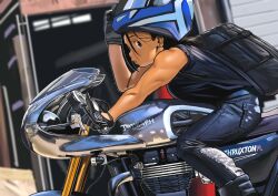 1girl arung_samudra_(cessa) backpack bag biceps black_bag black_gloves black_pants black_shirt building cessa dark-skinned_female dark_skin earrings feet_out_of_frame gloves unworn_headwear helmet unworn_helmet jewelry motor_vehicle motorcycle motorcycle_helmet ombok_diving_and_delivery_services outdoors pants profile reflection shirt solo