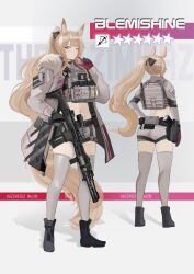 1girl ammunition_pouch animal_ear_fluff animal_ears arknights arktic assault_rifle black_boots blemishine_(arknights) blonde_hair body_armor boots bow bulletproof_vest coat english_text fb_msbs_grot foregrip fur-trimmed_coat fur_trim grey_thighhighs gun hair_bow highres holding holding_gun holding_weapon horse_ears horse_girl horse_tail laser_sight load_bearing_vest long_hair long_sleeves optical_sight overcoat ponytail pouch rifle shorts smile tactical_clothes tail thighhighs vertical_foregrip weapon yellow_eyes