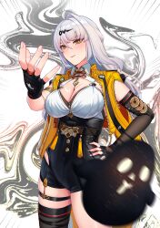 1girl absurdres black_gloves black_shorts black_thighhighs blush breasts cleavage closed_mouth collared_shirt commentary cruzvu english_commentary fingerless_gloves gloves hair_ornament hand_on_own_hip high-waist_shorts highres jacket large_breasts long_hair looking_at_viewer meme open_clothes open_jacket orange_jacket shirt shirt_tucked_in shorts single_thighhigh skindentation smile solo thigh_strap thighhighs thighs throwing white_hair white_shirt woe_plague_be_upon_ye_(meme) yellow_eyes yi_xuan_(zenless_zone_zero) zenless_zone_zero