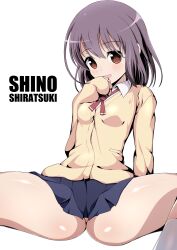 1girl arm_up ass black_skirt blush breasts brown_eyes character_name cleft_of_venus collared_shirt grey_hair hair_between_eyes highres long_sleeves looking_at_viewer medium_hair neckerchief open_mouth pleated_skirt pussy saki_(manga) school_uniform shinohayu_the_dawn_of_age shiratsuki_shino shirt skirt small_breasts smile solo spread_legs sweater thighhighs thighs white_background white_shirt xiao_rui_rui