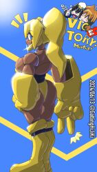 3girls absurdres android ass blue_eyes boots breasts character_request dark-skinned_female dark_skin gatling-hijiki grin hand_on_own_hip highres joints large_breasts large_hands leotard looking_at_viewer looking_back martial_(robopon) multiple_girls oversized_forearms oversized_limbs ponytail robot_joints robot_ponkottsu sideboob simple_background smile standing v yellow_boots yellow_leotard