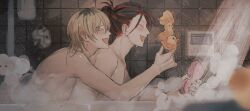 2boys bath bathroom black_hair black_nails blonde_hair blush closed_eyes commentary_request couple foam from_side highres holding holding_sponge holding_toy male_focus medium_hair multicolored_hair multiple_boys open_mouth original red_hair scar showering smile sponge st31010 tile_wall tiles topless_male toy two-tone_hair upper_body wet yaoi