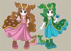 2girls black_eyes blush_stickers brown_hair colored_skin creatures_(company) dive_ball dress frown game_freak gastrodon gastrodon_(east) gastrodon_(west) gen_4_pokemon green_hair grey_background heal_ball highres holding humanization long_hair looking_at_viewer mary_janes multicolored_dress multiple_girls nail_polish nintendo personification poke_ball pokemon pokemon_(creature) reference_inset sheepcounts shoes sidelocks simple_background socks standing tiara twintails very_long_hair white_skin