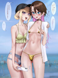 2boys areola_slip artist_name asymmetrical_bangs baseball_cap beach bikini black_choker black_hat blonde_hair blue_eyes blurry blurry_background blush breasts brown_hair bulge choker cleavage collarbone colored_inner_hair cowboy_shot crossdressing day denim denim_shorts embarrassed gold_bikini hair_between_eyes hat highres ikemeru19 large_breasts long_hair looking_at_viewer male_focus male_with_breasts micro_bikini micro_shorts mole mole_under_eye multicolored_hair multiple_boys navel open_clothes open_mouth open_shirt original outdoors pink_hair purple_eyes shirt shorts side-tie_bikini_bottom signature small_breasts sound_effects speech_bubble swimsuit torn_clothes torn_shorts white_shirt