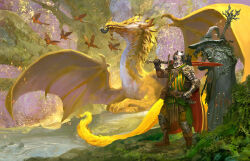 1boy 1other animal animal_on_shoulder armor belt cape creature day dragon facing_viewer fantasy flying full_armor gauntlets greaves grey_cape hand_on_own_hip hat helm helmet highres holding holding_staff holding_sword holding_weapon horns kekai_kotaki knight monster mouth_hold original outdoors pouch red_cape scenery shoulder_belt smoke smoking smoking_pipe staff standing sword tail tree weapon western_dragon wings witch_hat yellow_eyes