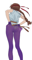 1girl ass braid braided_ponytail brown_hair commentary dougi facing_away fatal_fury feet_out_of_frame from_below gloves hand_in_pantyhose headband highres long_hair panties panties_under_pantyhose pantyhose purple_gloves purple_pantyhose red_headband ryuuko_no_ken shirt simple_background solo some1else45 the_king_of_fighters underwear very_long_hair white_background white_panties white_shirt yuri_sakazaki