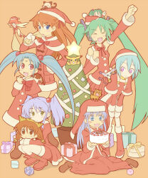 Rule 34 | &gt; &lt;, 6+girls, arm up, boots, cake, capelet, character request, christmas present, christmas tree, coat, detached sleeves, di gi charat, drooling, eureka (eureka seven), facial mark, felyne, food, forehead mark, gen 1 pokemon, gift, green hair, hachune miku, hair bobbles, hair ornament, hands on own knees, hat, hatsune miku, holding, holding cake, holding food, hoshino ruri, index (toaru majutsu no index), kidou senkan nadesico, long hair, masaki sasami jurai, monster hunter (series), mouth drool, multiple girls, neon genesis evangelion, nintendo, nun, open mouth, pikachu, pokemon, puchiko, purple eyes, red boots, red capelet, red coat, red eyes, ryou-ouki, santa costume, santa hat, satogo, souryuu asuka langley, squatting, tenchi muyou!, toaru majutsu no index, toradora!, twintails, very long hair, vocaloid