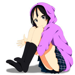 1girl akiyama_mio bad_feet bad_id bad_pixiv_id black_hair female_focus hood hoodie k-on! kaiman long_hair no_thank_you!_(k-on!) official_style smile solo