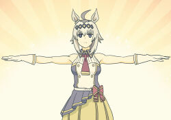 1girl a-king ahoge blouse blue_eyes bow closed_mouth collared_shirt commentary ear_ornament frown gloves grey_hair hair_ornament idol looking_at_viewer medium_hair necktie official_alternate_costume oguri_cap_(umamusume) outstretched_arms pleated_skirt ponytail red_bow red_necktie serious shirt skirt sleeveless sleeveless_shirt solo spread_arms standing umamusume umamusume:_cinderella_gray white_gloves yellow_background yellow_skirt