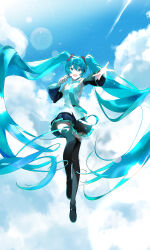 Rule 34 | 1girl, :d, absurdly long hair, absurdres, aqua necktie, aqua trim, black boots, black skirt, blue eyes, blue hair, blue sky, boots, day, detached sleeves, dress shirt, floating hair, fui (fui29493452), hatsune miku, headset, highres, lens flare, long hair, microphone, miniskirt, necktie, open mouth, outdoors, outstretched hand, pleated skirt, reaching, reaching towards viewer, shirt, skirt, sky, sleeveless, sleeveless shirt, smile, solo, thigh boots, thighhighs, twintails, very long hair, vocaloid, white shirt, zettai ryouiki
