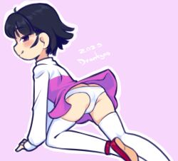 1girl 2025 20s ahoge all_fours ass black_hair blush drantyno dress from_behind highres loli long_sleeves looking_at_viewer looking_back megu_(ryuhi) original panties purple_background purple_dress purple_eyes red_shoes shoes short_hair smile thighhighs underwear white_panties white_thighhighs wind wind_lift