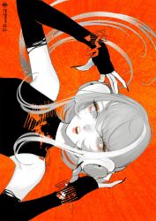 1girl asu_(sinsekai) bare_shoulders commentary_request detached_sleeves dress earphones eyeshadow fingernails greyscale_with_colored_background hands_on_headphones headphones highres long_fingernails long_hair looking_at_viewer low_ponytail makeup nail_polish open_mouth orange_background orange_eyeshadow pale_skin pink_lips ponytail puffy_lips second-party_source sideways sinsekai_studio sleeveless sleeveless_dress solo takenaka teeth thumb_hole_sleeves upper_body upper_teeth_only
