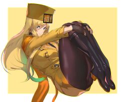 1girl ashiomi_masato black_boots blonde_hair blue_eyes boots brown_pantyhose commentary_request curled_up eyes_visible_through_hair fingerless_gloves fur_hat gloves guilty_gear guilty_gear_strive hat jacket knee_boots long_hair long_sleeves millia_rage orange_scarf pantyhose plantar_flexion revision scarf solo yellow_hat