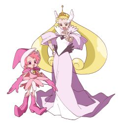 2girls absurdres aged_up blonde_hair character_request crown full_body highres kawoshiki magical_girl makihatayama_hana multiple_girls ojamajo_doremi open_mouth pink_hair purple_eyes salute two-finger_salute white_background