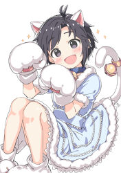 1girl :d animal_ears animal_hands antenna_hair bell black_eyes black_hair blue_choker blue_dress cat_ears cat_tail choker dress fake_animal_ears fake_tail fur-trimmed_dress fur-trimmed_sleeves fur_trim gloves idolmaster idolmaster_(classic) invisible_chair jingle_bell kikuchi_makoto kuresuku_(lessons) looking_at_viewer neck_bell open_mouth parted_bangs paw_gloves paw_shoes shoes short_hair short_sleeves sitting smile solo tail tail_bell tail_ornament white_background white_gloves white_shoes