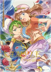 1boy 1girl arabian_clothes beautifly blue_eyes blue_shirt blush bracelet breasts brown_hair brown_sandals choker crescent crescent_earrings cropped_shirt drew_(pokemon) earrings falling_petals flower full_moon gem gen_3_pokemon green_eyes green_gemstone green_hair hand_on_another&#039;s_chest hand_on_another&#039;s_waist hand_up harem_pants hat hat_feather heart heart_choker highres hoop_earrings jewelry long_hair may_(pokemon) medium_breasts midriff moon navel night night_sky nintendo oil_lamp open_mouth orange_shirt palm_tree pants petals pink_hat pokemon pokemon_(anime) pokemon_rse_(anime) purple_pants red_flower red_gemstone red_rose rose sandals see-through_clothes shirt short_sleeves sky star_(sky) starry_sky straight_hair suzuki_(2red_moon3) tree v-shaped_eyebrows white_hat