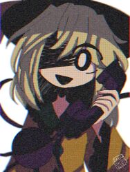 Rule 34 | 1girl, black hat, bright pupils, buttons, collar, diamond button, dress, frilled dress, frilled shirt collar, frilled sleeves, frills, green collar, green hair, hair over eyes, hat, holding, holding phone, komeiji koishi, long sleeves, looking at viewer, open mouth, phone, raisutea, shaded face, shirt, short hair, signature, solo, touhou, urban legend in limbo, white background, white pupils, yellow shirt