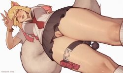 1girl ahri_(league_of_legends) anal anal_beads anal_object_insertion animal_ears asura_(asurauser) black_bra black_panties black_skirt blonde_hair bra bracelet breasts condom crotchless crotchless_panties eyes_visible_through_hair facial_mark fingernails fox_ears fox_tail gold_bracelet gold_ring gradient_hair gyaru jewelry k/da_(league_of_legends) k/da_ahri kneehighs large_breasts league_of_legends lips long_fingernails long_hair looking_at_viewer looking_down miniskirt multicolored_hair necktie object_insertion panties pink_hair pink_nails pussy sex_toy shirt simple_background skirt smile socks solo sweat tail thigh_strap thighs thumb_ring unbuttoned unbuttoned_shirt underwear white_background white_shirt yellow_eyes
