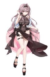 Rule 34 | 1girl, absurdres, alternate costume, bikini, black bikini, black hairband, black sandals, black sarong, breasts, cleavage, covered navel, goddess of victory: nikke, grey hair, hairband, highres, holding, holding swim ring, innertube, large breasts, long hair, parted lips, red eyes, rinple, sandals, sarong, scarlet (nikke), simple background, solo, swim ring, swimsuit, thigh strap, wet, white background