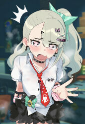 1girl ^^^ arm_warmers blush chinatsu_remiel choker covered_erect_nipples cutiemachina earrings flat_chest grey_hair hair_over_one_eye heavy_breathing highres jewelry loli looking_at_viewer musical_note_earrings necktie open_mouth pink_eyes see-through_clothes see-through_shirt shirt side_ponytail solo steaming_body sweat tearing_up wavy_mouth zenless_zone_zero