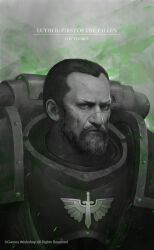 1boy absurdres armor beard black_hair breastplate closed_mouth company_name copyright_logo copyright_notice cover cover_page dark_angels facial_hair gorget green_eyes greyscale highres insignia leszek_wozniak looking_at_viewer luther_(warhammer_40k) monochrome pauldrons scar scar_on_face scar_on_forehead scar_on_nose short_hair shoulder_armor sparks title title_page warhammer_40k widow&#039;s_peak