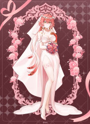 1girl absurdres aete alternate_costume artist_name bare_shoulders blush body_markings bouquet breasts bridal_veil bride bright_pupils changli_(wuthering_waves) closed_mouth collarbone colored_extremities commentary dress feather_hair flower full_body hair_extensions hand_on_own_chest high_heels highres holding holding_bouquet lace lace-trimmed_thighhighs lace_trim large_breasts long_dress long_hair looking_at_viewer pink_hair red_hands ring_hair_extensions side_slit smile solo strapless strapless_dress thighhighs veil very_long_hair wedding_dress white_dress white_hair white_pupils white_thighhighs white_veil wuthering_waves yellow_eyes