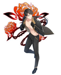 1boy abs black_gloves black_hair black_jacket black_pants black_shoes blue_eyes cheolsu_(closers) closers gloves highres jacket long_hair long_sleeves low_ponytail male_focus official_art open_clothes open_jacket pants pectorals ponytail shoes simple_background solo white_background