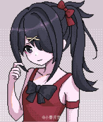 1girl ame-chan_(needy_girl_overdose) black_eyes black_hair bow chest_bow china_dress chinese_clothes dress hair_bow hair_ornament hair_over_one_eye hand_up high_ponytail highres index_finger_raised koharustuki looking_at_viewer needy_girl_overdose pixel_art ponytail red_dress sidelocks solo upper_body x_hair_ornament
