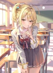 1girl ahoge blonde_hair bow bowtie braid chair classroom collared_shirt commentary cover cover_image desk grin hair_ornament hairclip highres index_finger_raised indoors jewelry leaning_forward long_sleeves looking_at_viewer medium_hair miyamae_nonoa momoko_(momopoco) necklace novel_illustration official_art parted_lips red_bow red_bowtie school_chair school_desk school_uniform shirt side_ponytail skirt smile solo standing star_(symbol) star_hair_ornament textless_version tokidoki_bosotto_roshia-go_de_dereru_tonari_no_alya-san