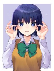 Rule 34 | 1girl, blue eyes, blue hair, blush, bow, bowtie, breasts, ciel (tsukihime), collared shirt, commentary request, fingernails, green bow, green bowtie, hair between eyes, highres, lips, long sleeves, looking at viewer, medium breasts, open mouth, school uniform, shirt, short hair, smile, solo, tanka kikurage, tsukihime, tsukihime (remake), upper body, vest, white shirt, yellow vest