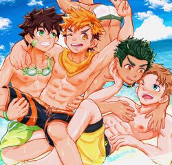 4boys armpits bandana bandana_around_neck blush brown_hair camp_buddy day goggles goggles_around_neck green_eyes green_hair guinneson_cb hair_ornament hairclip hiro_akiba jewelry keitaro_nagame male_focus male_swimwear multiple_boys muscular muscular_male necklace nipples ocean one_eye_closed orange_eyes orange_hair partially_submerged pectorals shota tongue tongue_out topless_male wet wink yaoi