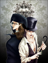 2boys black_hair black_headwear brown_hair cane closed_mouth commentary_request earrings glasses green_nails hat holding holding_cane hoop_earrings jewelry k_snailssss lafitte_(one_piece) lipstick long_hair looking_at_viewer makeup male_focus multiple_boys nail_polish one_piece smile top_hat van_augur