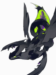 absurdres alternate_color alternate_shiny_pokemon black_scales black_wings claws colored_sclera flying gen_5_pokemon green_sclera highres horns keroreud legendary_pokemon midair nintendo no_humans pokemon pokemon_(creature) pokemon_focus simple_background single_horn white_background white_eyes wings zekrom