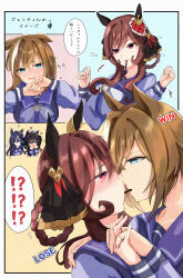 !? 4girls absurdres anchor_symbol blue_eyes blue_hat blush braid braided_hair_rings breasts brown_hair character_request cheval_grand_(umamusume) food food_in_mouth gentildonna_(umamusume) hair_between_eyes hair_rings hands_up hat highres himejoshi interlocked_fingers large_breasts long_sleeves medium_hair mirumiru_sennin multicolored_hair multiple_girls parted_lips pocky pocky_in_mouth purple_shirt red_eyes school_uniform shirt sidelocks smile speech_bubble streaked_hair thought_bubble tracen_school_uniform umamusume verxina_(umamusume) white_hair yuri