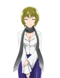 Rule 34 | 1girl, black scarf, breasts, cleavage, closed eyes, closed mouth, collared shirt, cowboy shot, gradient scarf, green hair, higurashi no naku koro ni, higurashi no naku koro ni mei, kawata midori, long scarf, long sleeves, official art, purple skirt, scarf, shirt, simple background, skirt, solo, standing, straight-on, tachi-e, transparent background, white shirt
