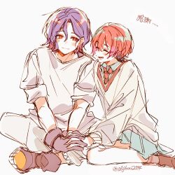 1boy 1girl amate_yuzuriha aqua_shirt aqua_skirt artist_name blue_hair blush closed_mouth collared_shirt colored_inner_hair commentary_request couple crossed_legs er1ji6ou2004 gloves gundam gundam_gquuuuuux hetero holding holding_hands long_sleeves multicolored_hair necktie open_mouth purple_hair red_eyes red_hair school_uniform shirt short_hair shuji_ito simple_background skirt smile sweater tank_top twitter_username two-tone_hair white_background white_shirt
