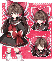 Rule 34 | 1girl, :d, absurdres, alternate costume, black shirt, black skirt, blush, bow, bow skirt, bowtie, brown eyes, brown hair, closed mouth, collar, commentary request, cropped shirt, expressive clothes, frilled bow, frilled hair tubes, frilled shirt collar, frilled skirt, frills, hair bow, hair tubes, hakurei reimu, highres, long hair, long sleeves, midriff, multiple views, navel, open mouth, pleated skirt, red background, red bow, red bowtie, shirocha tei, shirt, skirt, smile, squiggle, touhou, very long hair