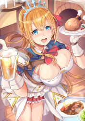1girl :d alcohol beer blouse blue_eyes blue_sleeves blush breasts buttons candle cleavage commentary_request cowboy_shot cup female_focus fireplace food from_above gloves hair_between_eyes hair_ribbon hair_up highres himuro_shunsuke holding holding_cup holding_food indoors katsu_(food) large_breasts legs_together light_blush long_hair looking_at_viewer miniskirt open_mouth orange_hair pecorine_(princess_connect!) princess_connect! puffy_short_sleeves puffy_sleeves red_neckwear red_ribbon red_skirt ribbon shirt short_sleeves shrug_(clothing) skirt smile solo table teeth tiara waitress white_shirt wooden_floor