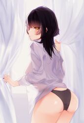 1girl alternate_costume ass black_hair black_nails black_panties closed_mouth curtains grey_hair highres hololive hololive_english long_hair looking_at_viewer multicolored_hair panties reianly shiori_novella shirt solo split-color_hair two-tone_hair underwear virtual_youtuber white_shirt yellow_eyes